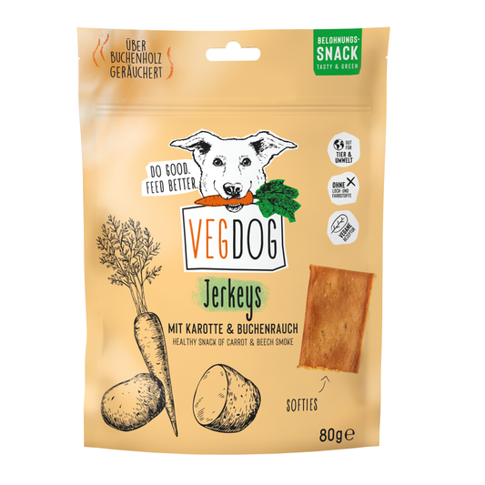 VEGDOG Jerkeys 80 g - friandises carotte et fumée de hêtre pour chiens